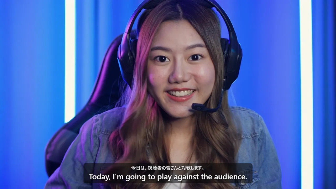 A streamer with a headset talking to the camera, with English subtitles over the video
