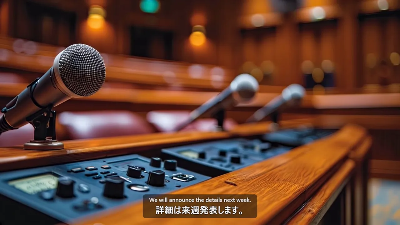 マイクの前で話す人の映像の上に、日本語字幕が出ている