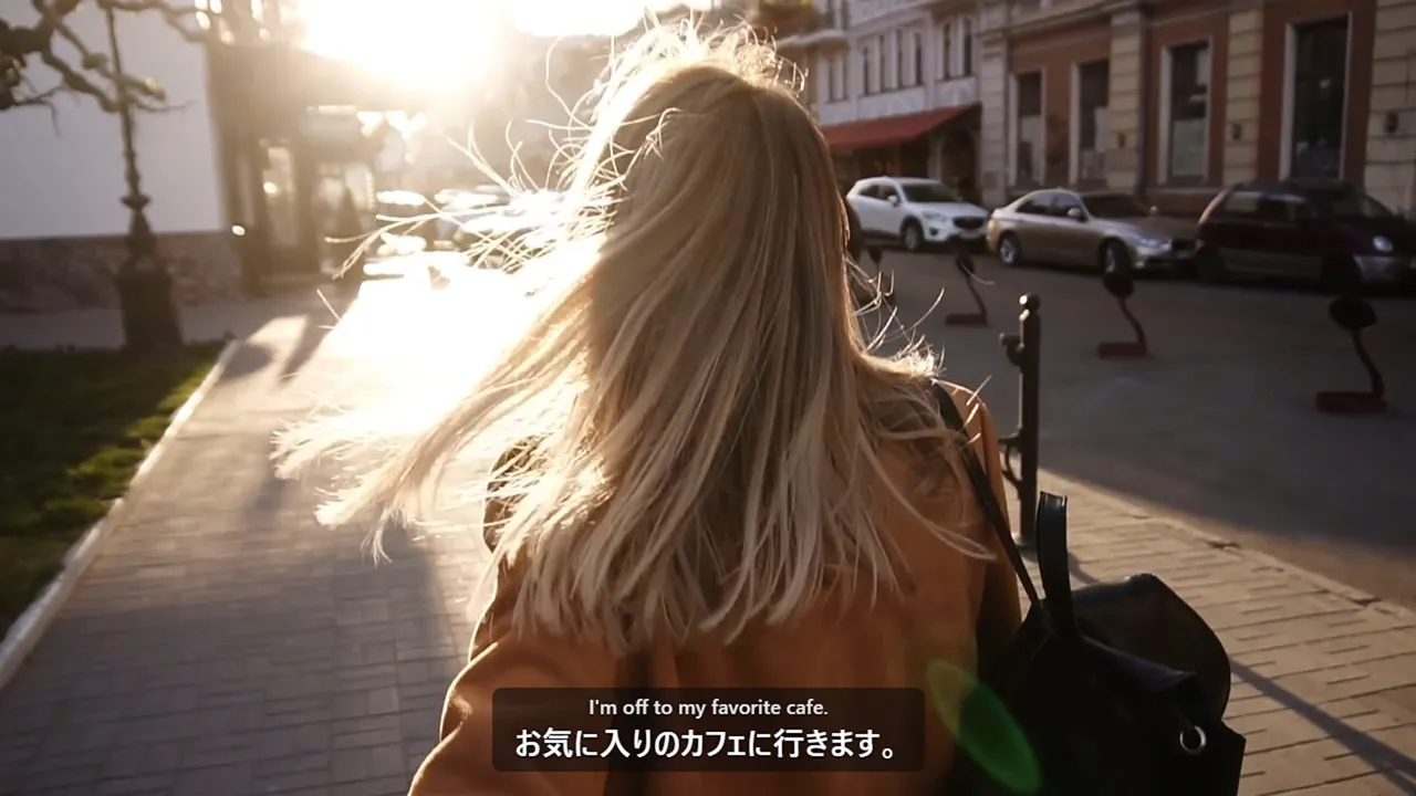街を歩く人の映像の上に、日本語字幕が出ている
